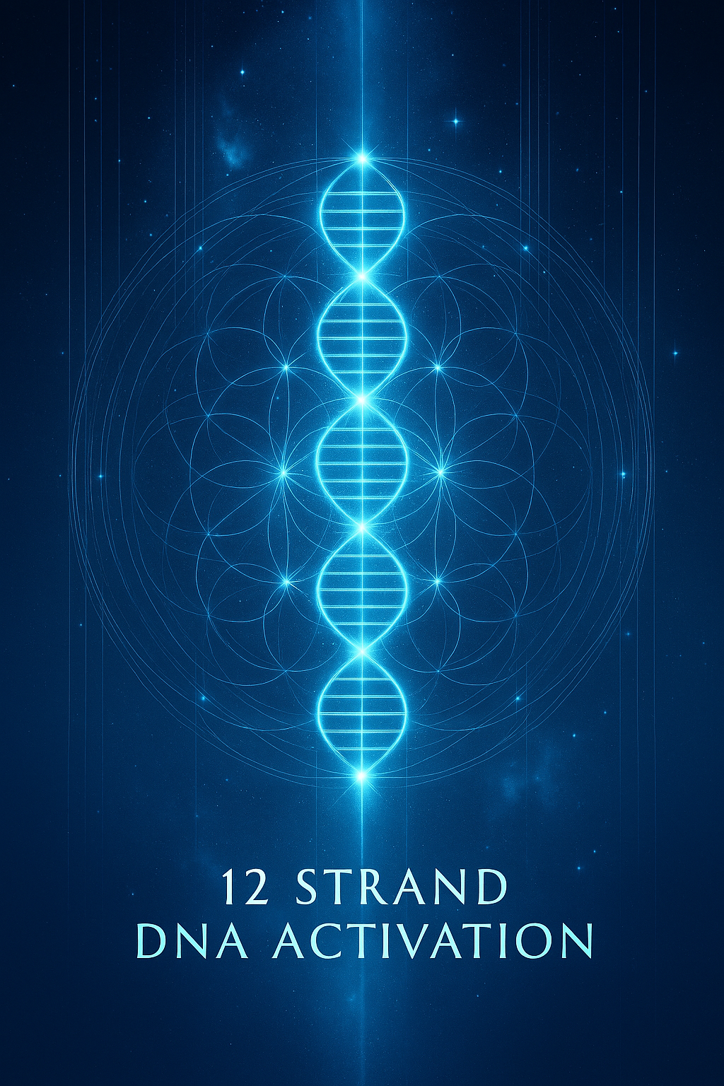 Radiant figure with twelve luminous strands of light spiraling around the body, symbolizing multidimensional DNA activation and spiritual evolution.