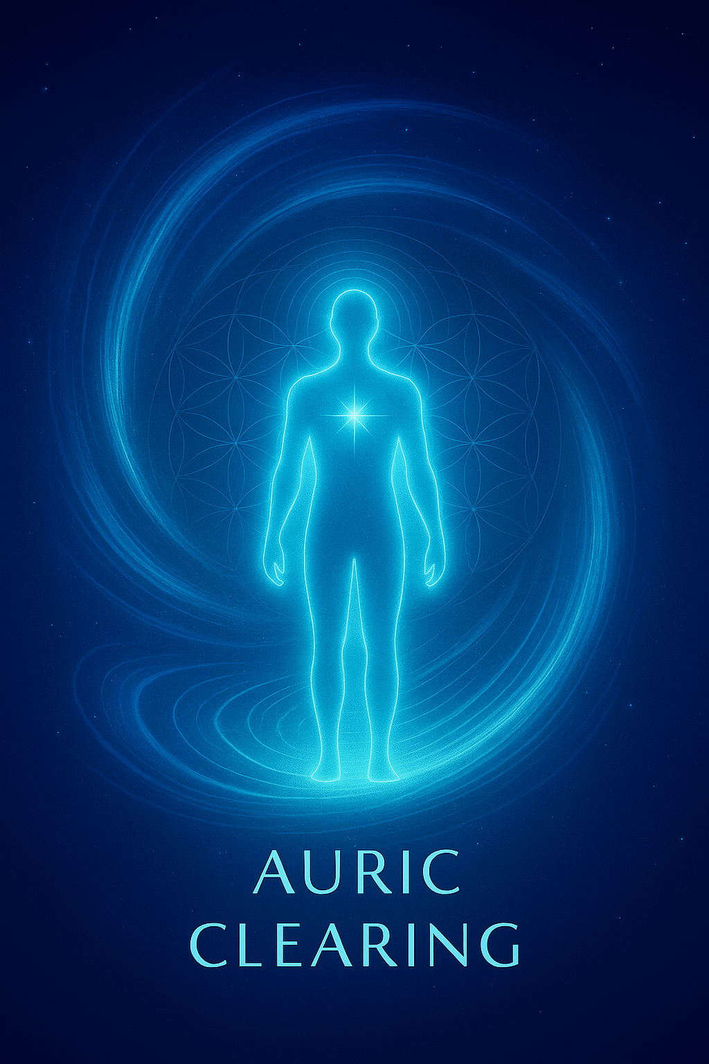 Standing figure surrounded by bold blue aura layers and glowing spirals of light, representing auric purification and energetic recalibration.