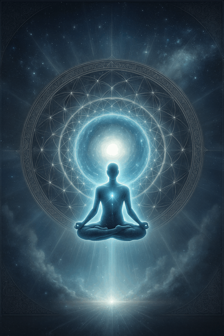 Meditating figure surrounded by radiant portal light, sacred geometry, and cosmic elements, symbolizing multidimensional healing, activation, and soul embodiment.
