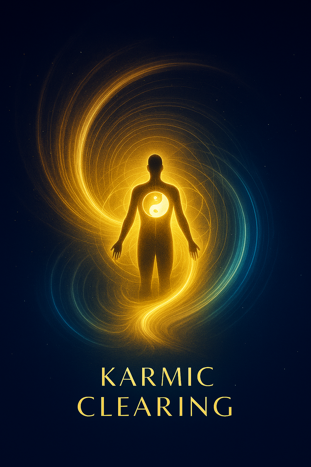 Golden spiral of light unraveling from a central point against a starry blue background, symbolizing karmic release and soul-level liberation.