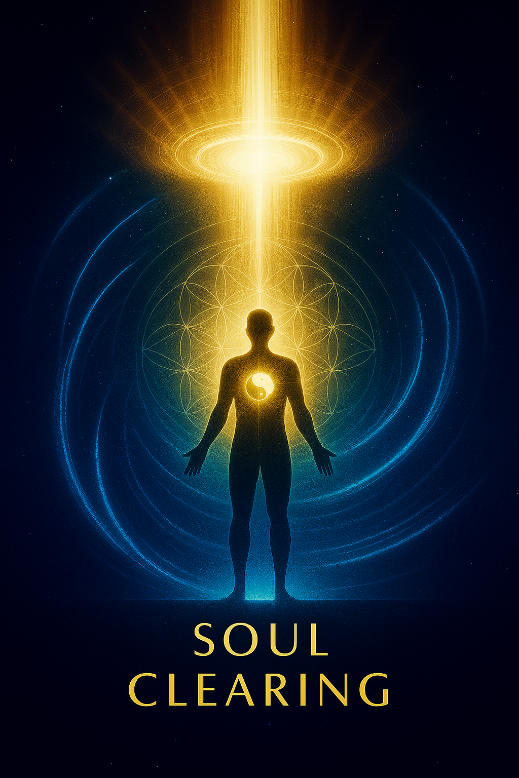 Standing figure beneath a celestial portal of golden light, with radiant beams streaming through the crown and heart, representing soul-level activation and purification.